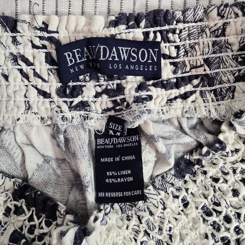 Linen Capri Short Pants White Blue Tropical Print Stretch Waist by Beau Dawson M - Picture 6 of 7